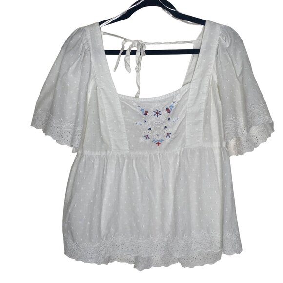 $34.99 NWT Old Navy Baby Doll Top Womens M White Swiss Dot Smocked Floral Embroi - Picture 2 of 6